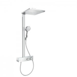 Hansgrohe Showerpipe Rindance E Душевая стойка, с термостатическим смесителем, верхним душем 30x30см., ручным душем и шлангом 160см., и полкой, цвет: хром Hansgrohe Showerpipe Rindance E Душевая стойка, с термостатическим смесителем, верхним душем 30x30см., ручным душем и шлангом 160см., и полкой, цвет: хром